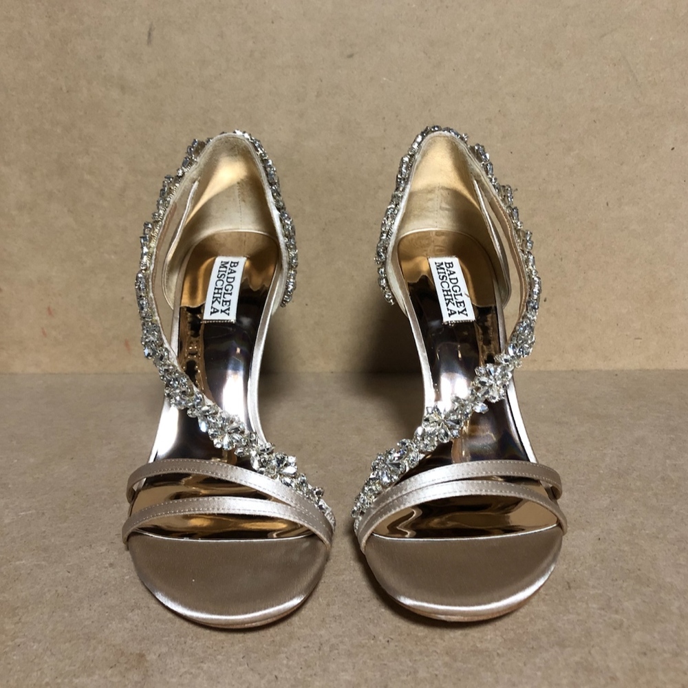 Badgley Mischka Rose Blush Satin Crystal-Strap Stilettos - Picture 5 of 8